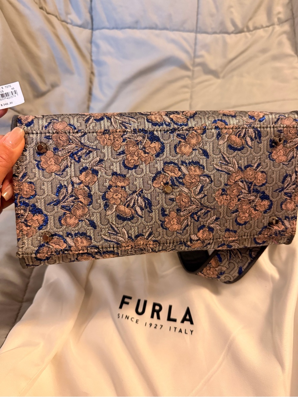 Furla Floral Jacquard Satchel in Blue and Pink - Picture 5 of 9